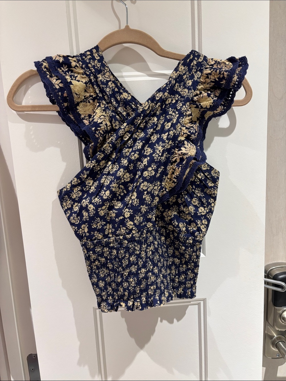 Sezane Navy and Cream Floral Ruffle Crop Top